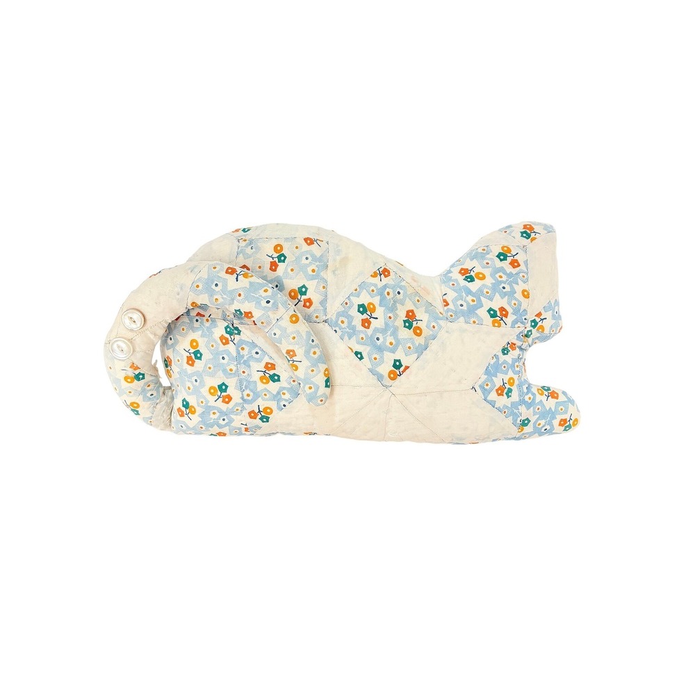 Vintage Handmade Quilted Cat‎ Pillow Blue Floral Star Patchwork Calico 17 Inch